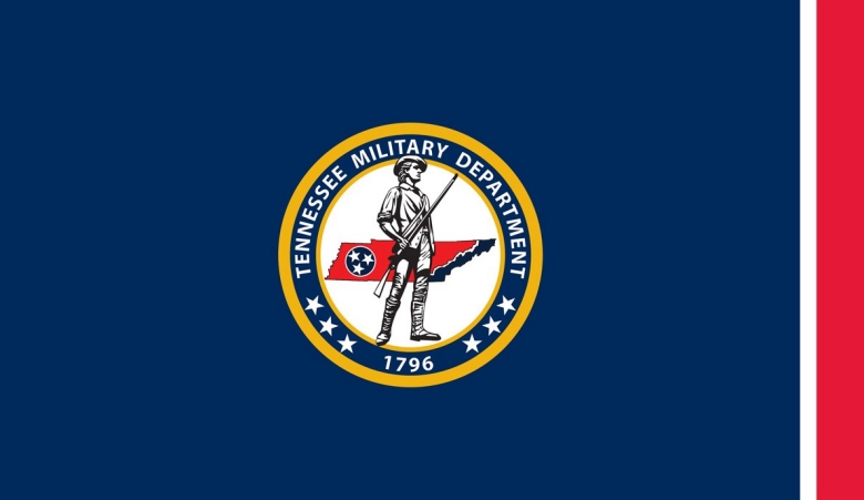 The Tennessee Military Department Flag. A dark blue flag with the circular military department seal in the middle. A red bar with a small white separation is at the end of the flag. The Tennessee Military Department Flag. A dark blue flag with the circular military department seal in the middle. A red bar with a small white separation is at the end of the flag.
