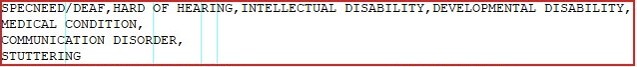 Precious Cargo Program Example A screenshot of the Department of Revenue's title and registration system that shows Precious Cargo designation descriptions. It reads "special needs/deaf, hard of hearing, intellectual disability, developmental disability, medical condition, communications disorder, stuttering."