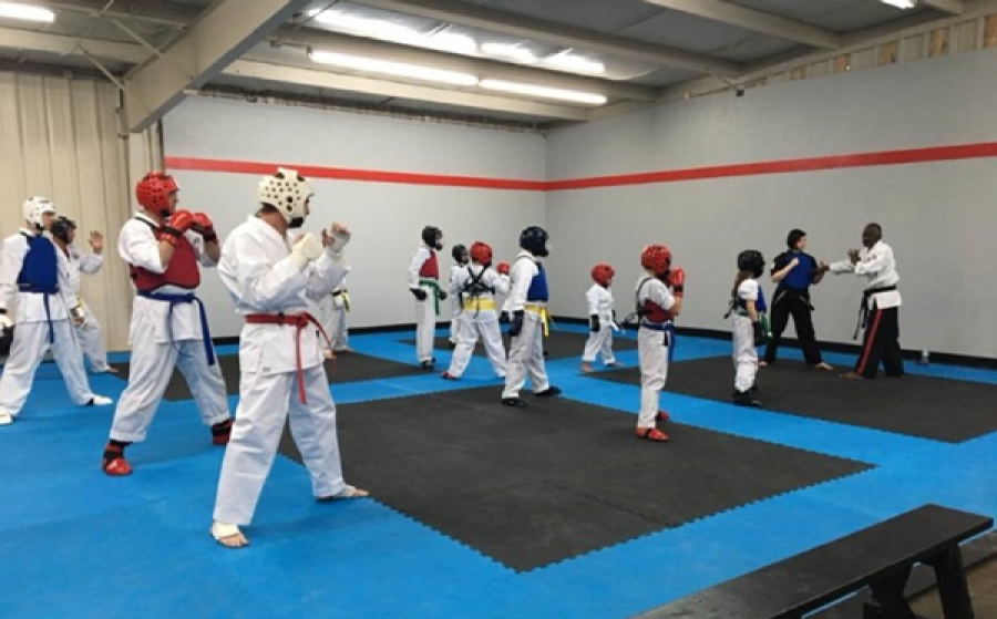 dekalb county health adventure Children and adults wearing protective gear practice martial arts drills with instructors on padded mats inside a gym.