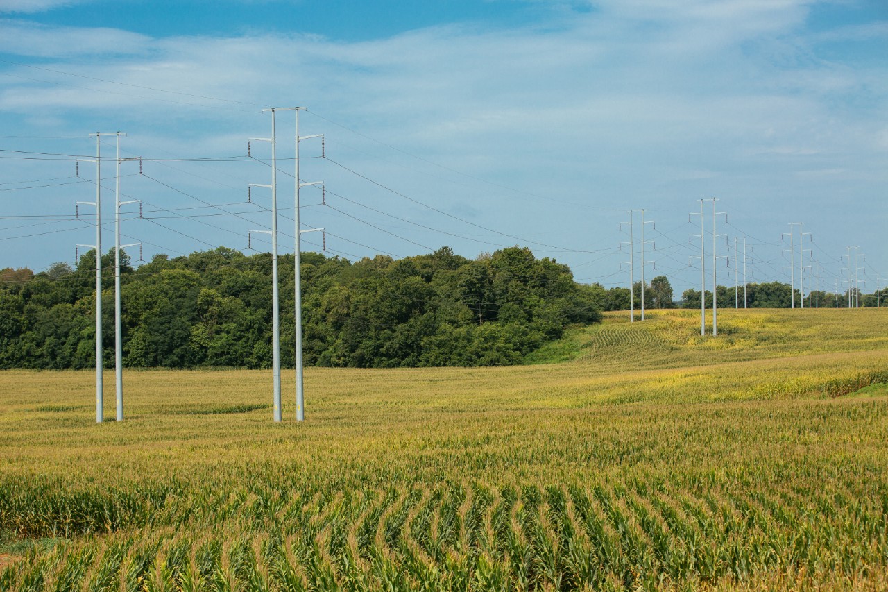 DeKalb Telephone Communications Tall power lines stretch across open farmland beneath a blue sky.