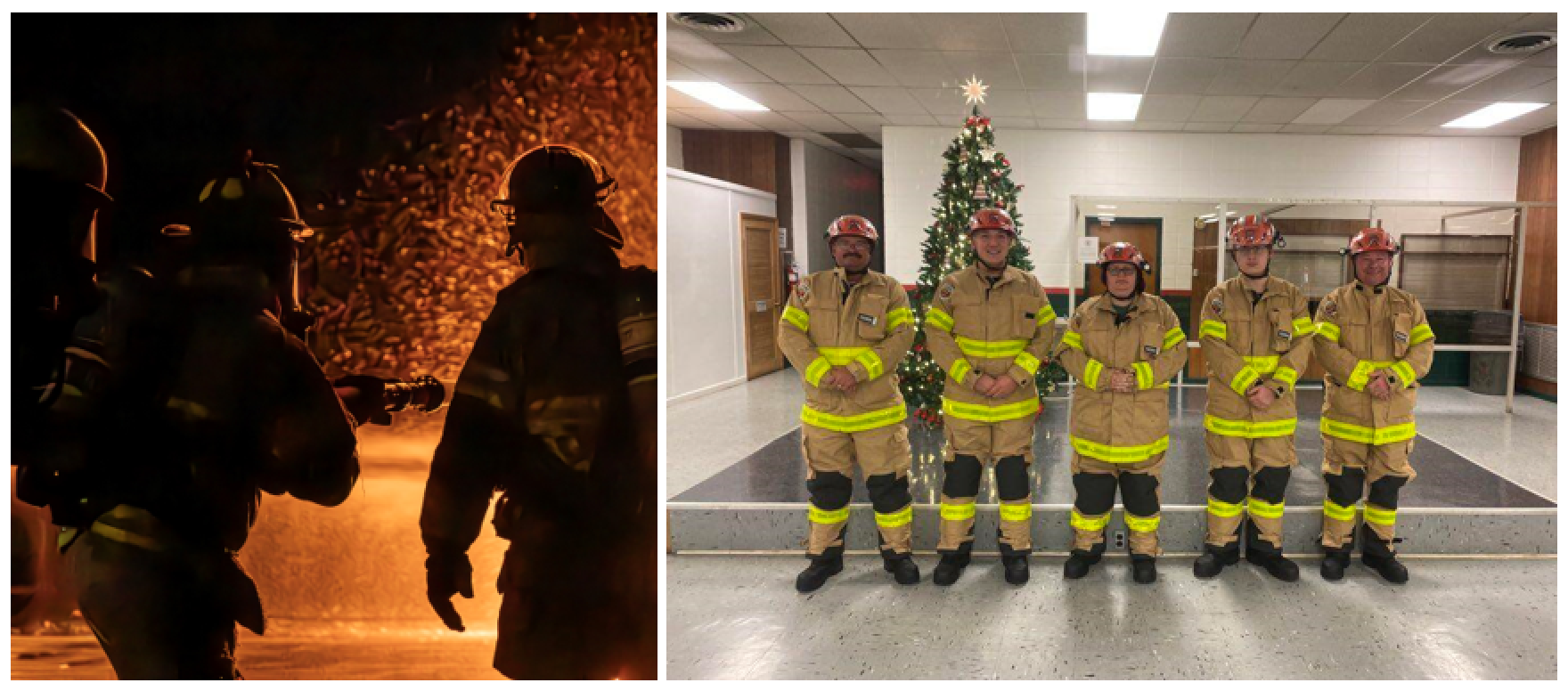 A group of firefighters stands in uniform inside a public building decorated for the holidays.