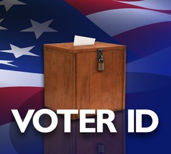 Voter ID Ballot box in front of an American flag and the text "Voter ID"