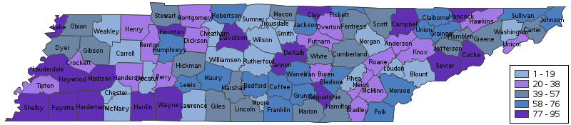Overall Map of Tennessee with 95 counties highlighted in shades of purple