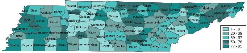 Economic-WB Map of Tennessee with 95 counties highlighted in shades of turquoise