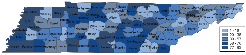 Health(4) Map of Tennessee with 95 counties highlighted in shades of blue