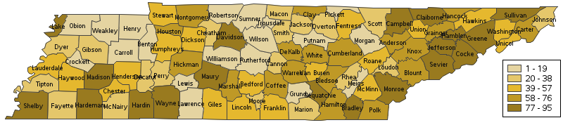FamilyCommunity Map of Tennessee with 95 counties highlighted in shades of yellow