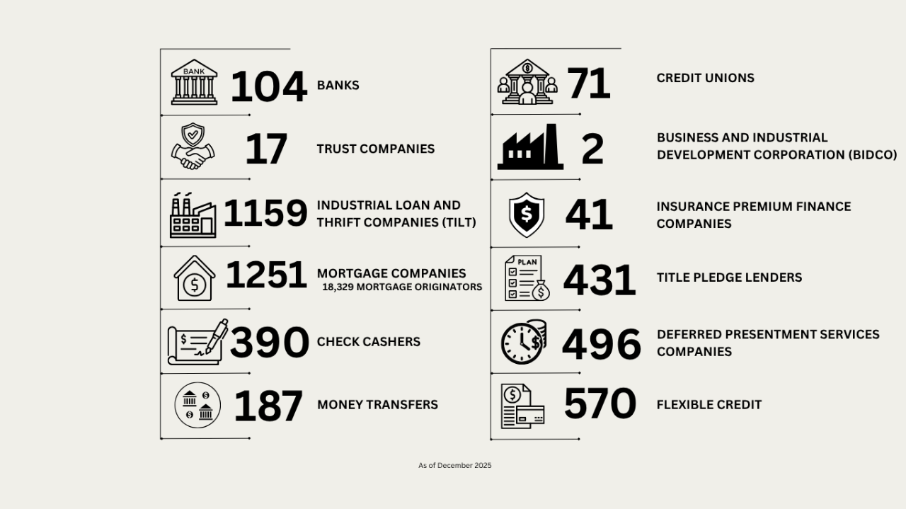Infographic with TDFI Institutions and total number per institution as of June 2024.  109 State-chartered Banks, 74 State-chartered Credit Unions, 16 Trust Companies, 2 Business and Industrial Development Corporations (BIDCO), 1,175 Industrial Loan and Thrift Companies (TILT), 43 Insurance Premium Finance Companies, 1,198 Mortgage Companies, 18,329 Mortgage Originators, 428 Title Pledge Lenders, 398 Check Cashers, 553 Deferred Presentment Services Companies, 169 Money Transmitters, 602 Flexible Credit.