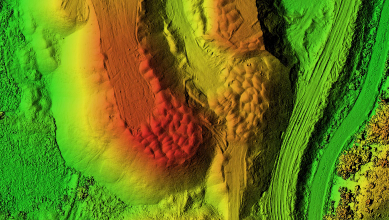 Digital elevation map created from aerial drone imagery, showing elevation changes for land survey purposes.
