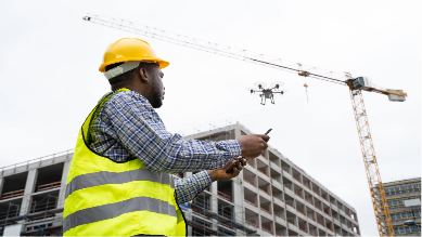 Construction worker operating a drone near a building site with a crane and partially constructed structure in the background.