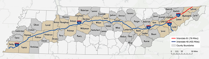 Map of I40 and 81 Corridor