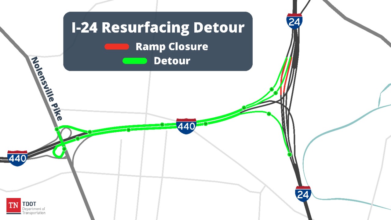 Image shows detour route and map of closure on I-24 and I-40 WB at the I-24 EB ramp. Image shows detour route and map of closure on I-24 and I-40 WB at the I-24 EB ramp.