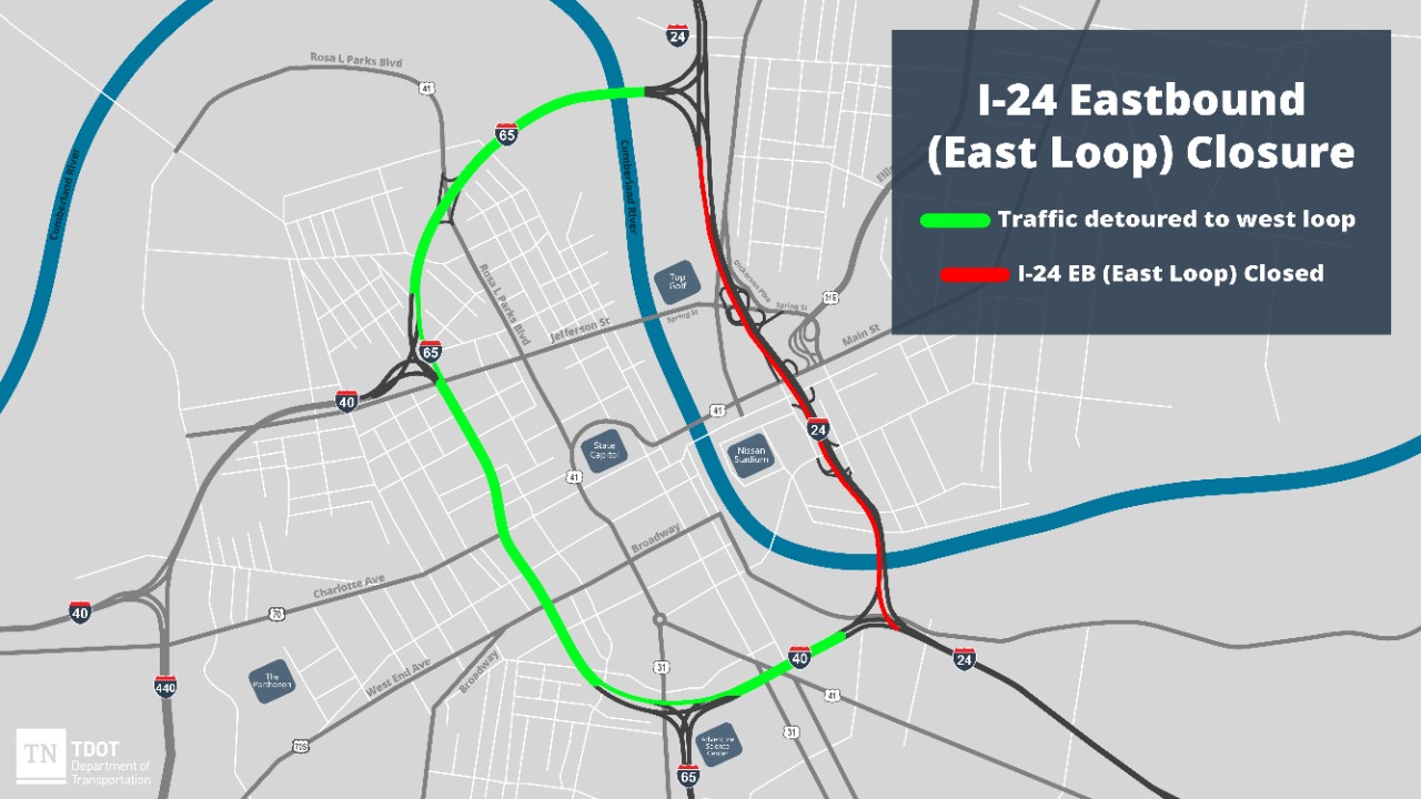 Image shows map of I-24 east loop closure and detour Image shows map of I-24 east loop closure and detour