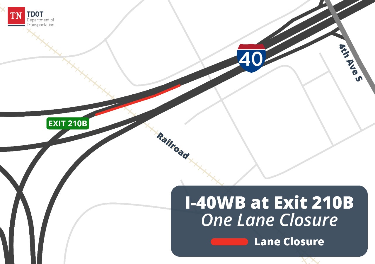 Lane closure on I-40 WB at Exit 210B Map showing one lane closure on I-40 WB at Exit 210B in downtown Nashville.