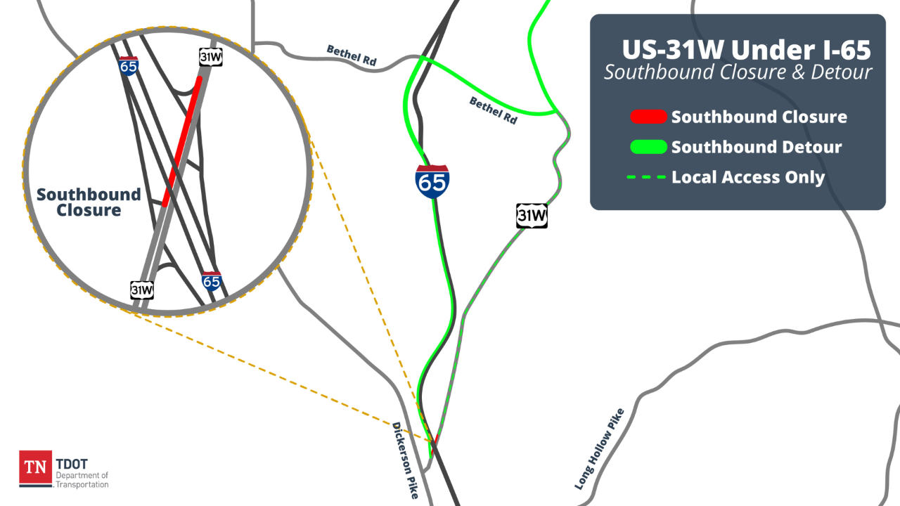 Map showing US-31W SB closure and detour
