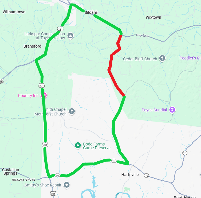 Detour map for SR 141 closure in Macon County Map showing closure of SR 141 (Green Grove Road) from Highway 52 (SR 52) to the intersection of Pleasant Valley Road. The map also shows the suggested detour route.