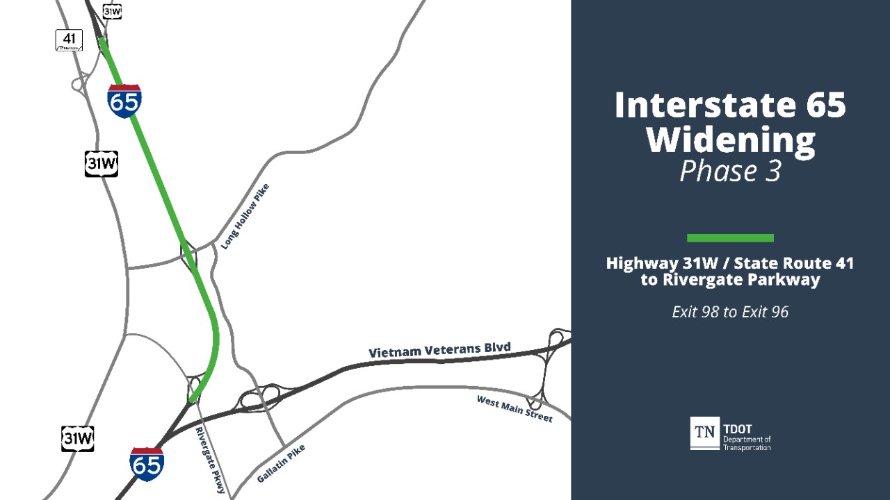Interstate 65 Widening Phase 3 Map showing scope of I-65 Widening Phase 3