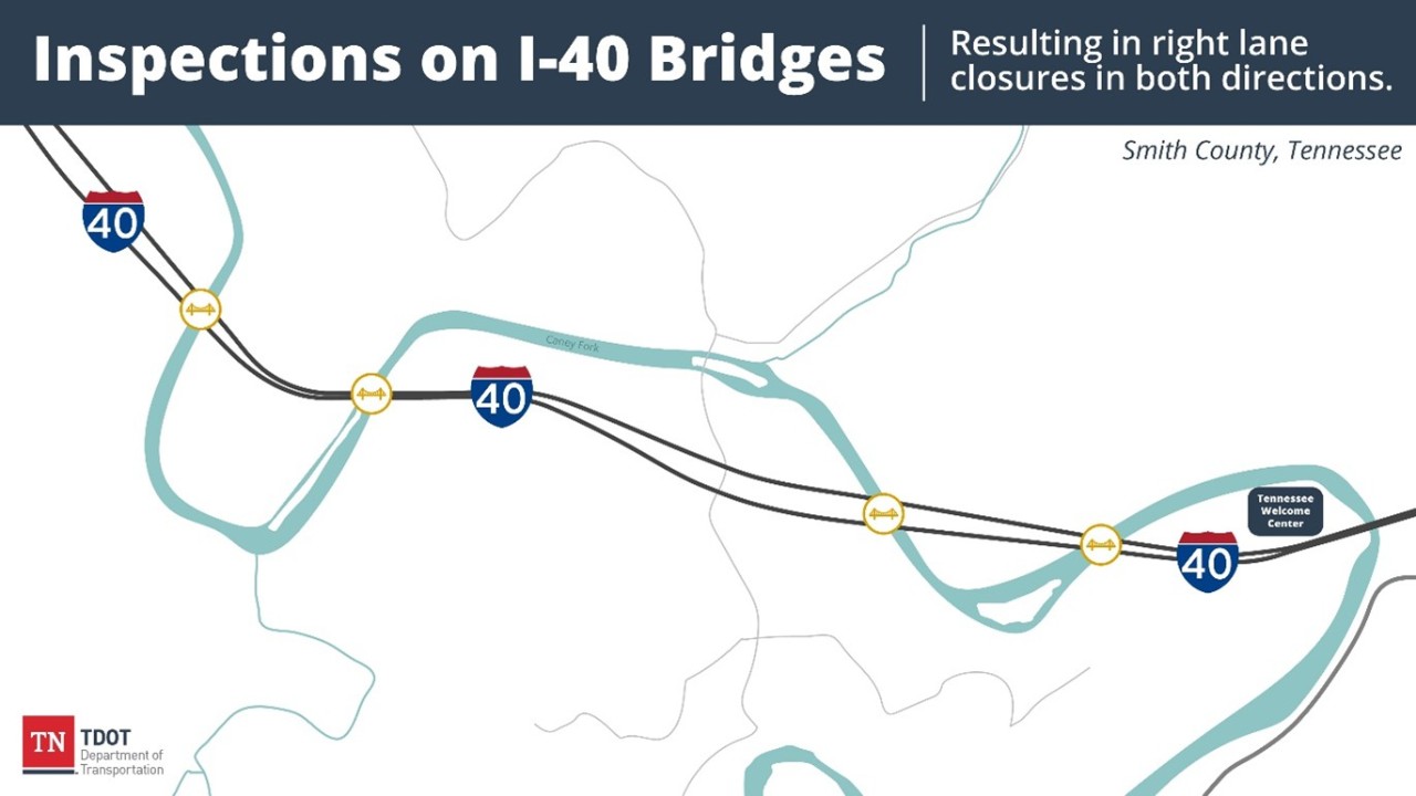 Inspections on I-40 Bridges Image shows map showing areas of bridge inspection work on I-40 in Smith County