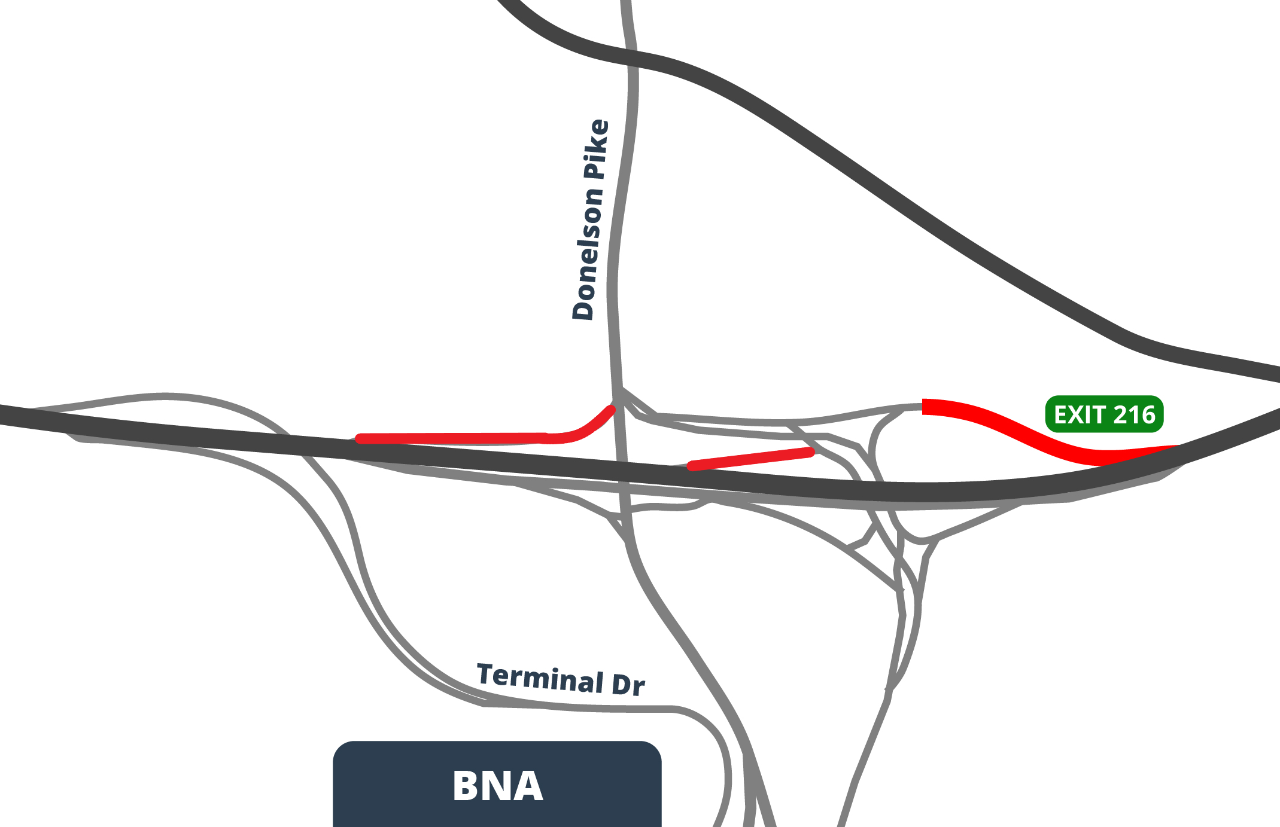 Ramp Closures for Aug. 25 & 26, 2025 Image shows map of ramp closures on I-40 near Nashville International Airport