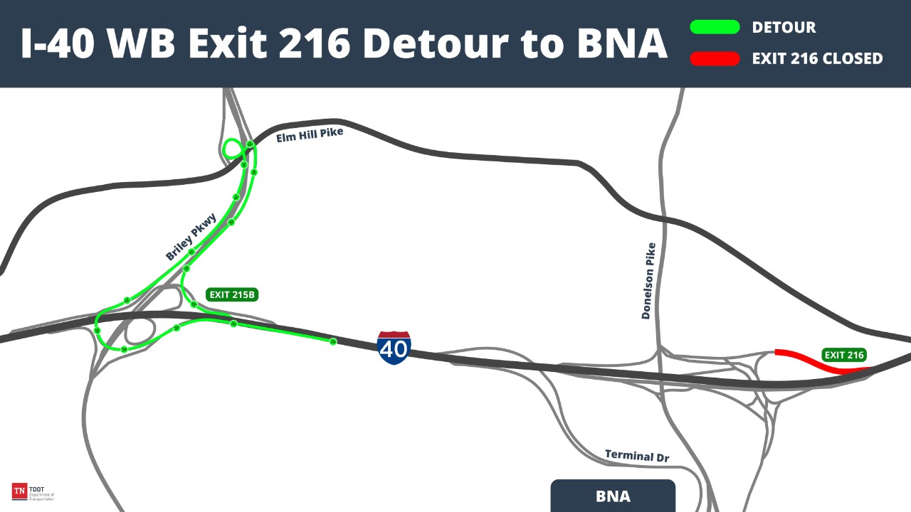 Image shows detour route and map of closure of I-40 ramp to Donelson Pike. Image shows detour route and map of closure of I-40 ramp to Donelson Pike.
