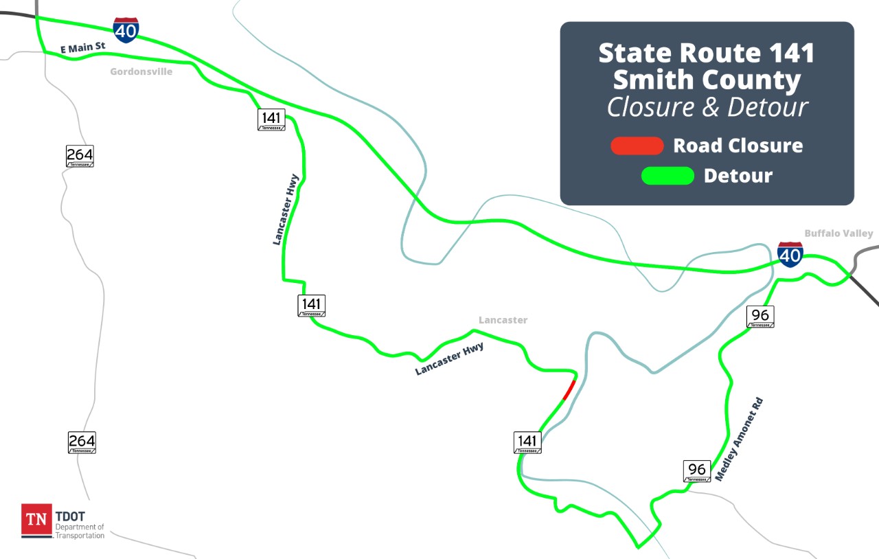Smith County 141 Closure & Detour Map shows Smith County SR 141 closure and detour.