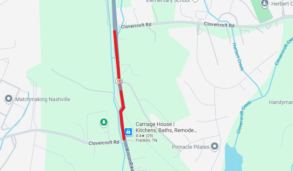 Clovercroft SR 252 Map of SR 252 (Wilson Pike) closure in Williamson County.