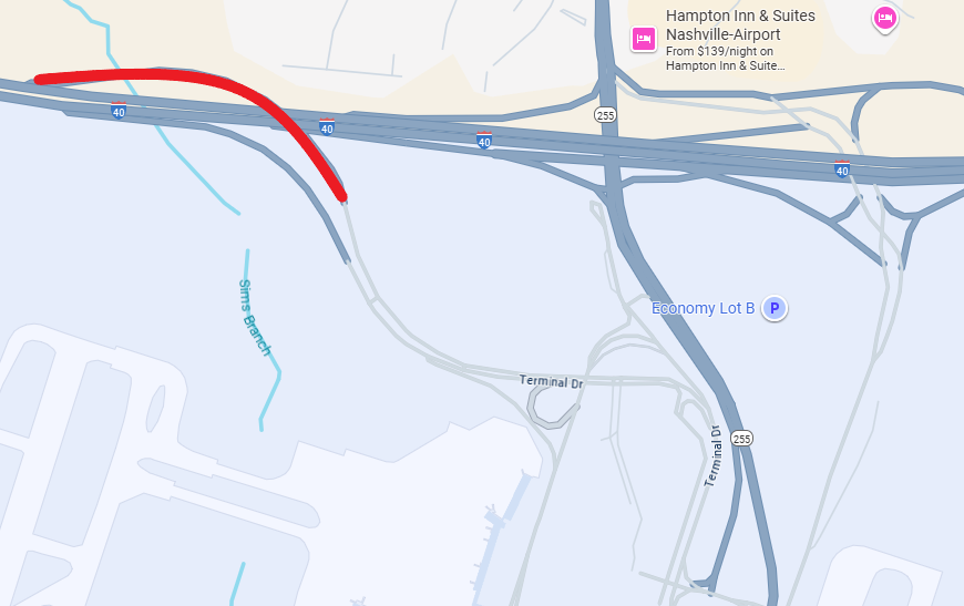 Ramp closure of Terminal Drive. Map shows closure of Terminal Drive ramp to I-40 WB near BNA.