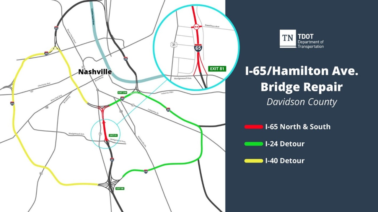 Image shows two detour routes avoiding I-65 at Hamilton Avenue