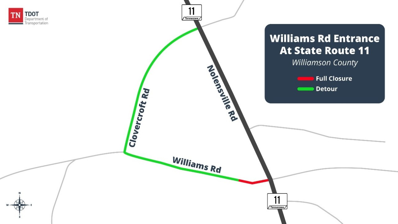 Map shows Williams Road at Nolensville Pike closure and detour using Clovercroft Road.