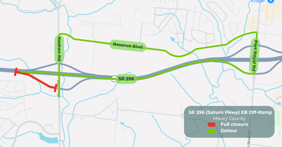 Map shows Saturn Parkway ramp closure and eastbound detour.