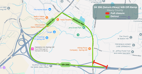 Map shows Saturn Parkway ramp closure and westbound detour.