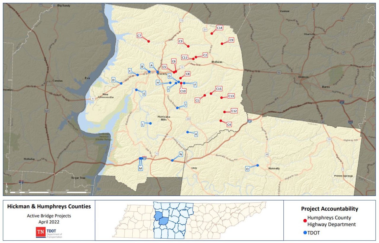 Map showing active bridge projects in Hickman and Humphreys County as of April 2022 