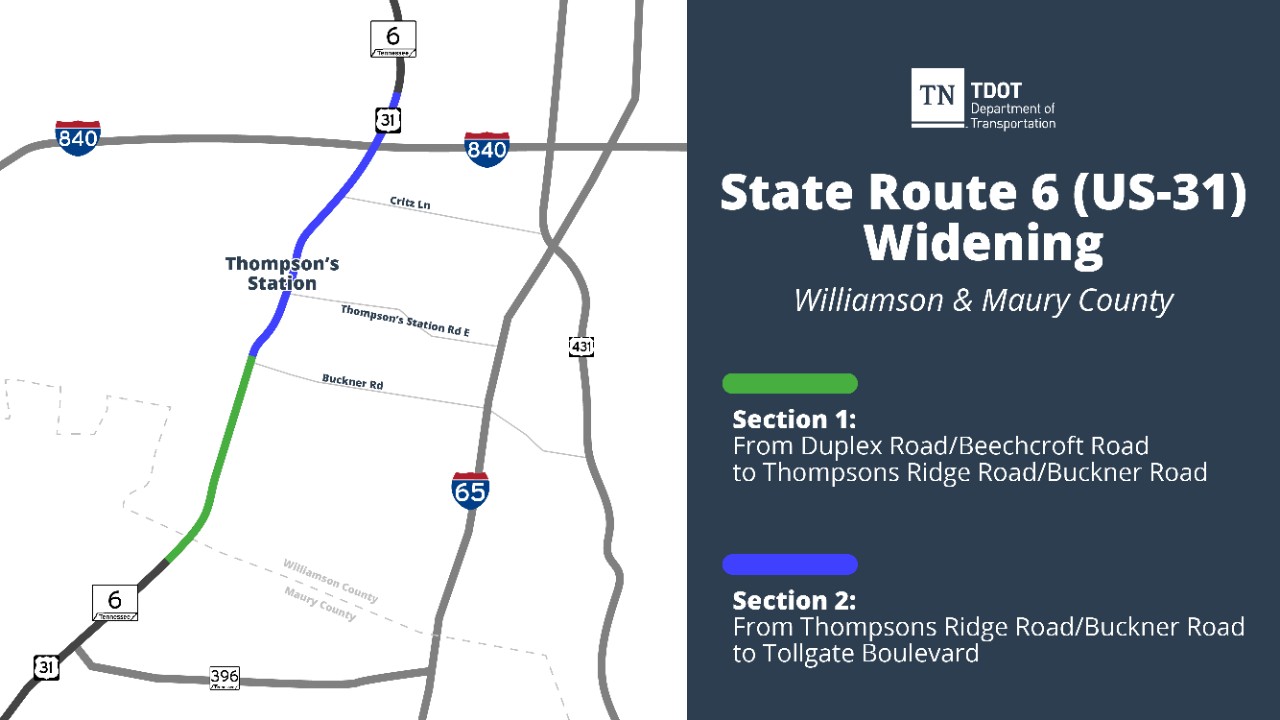 Map showing project limits on SR 6 in Maury and Williamson Counties. Map showing project limits on SR 6 in Maury and Williamson Counties.