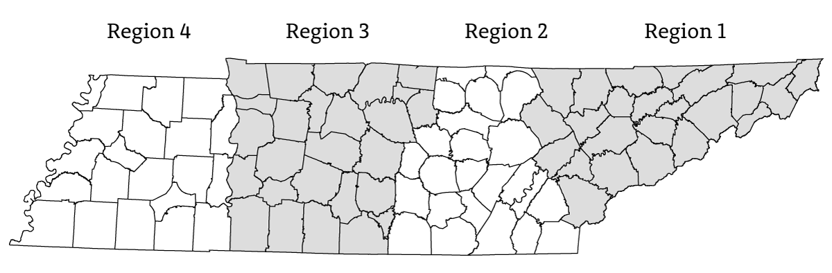 Tennessee State Map Showing Four Regions Tennessee State Map Showing Four Regions