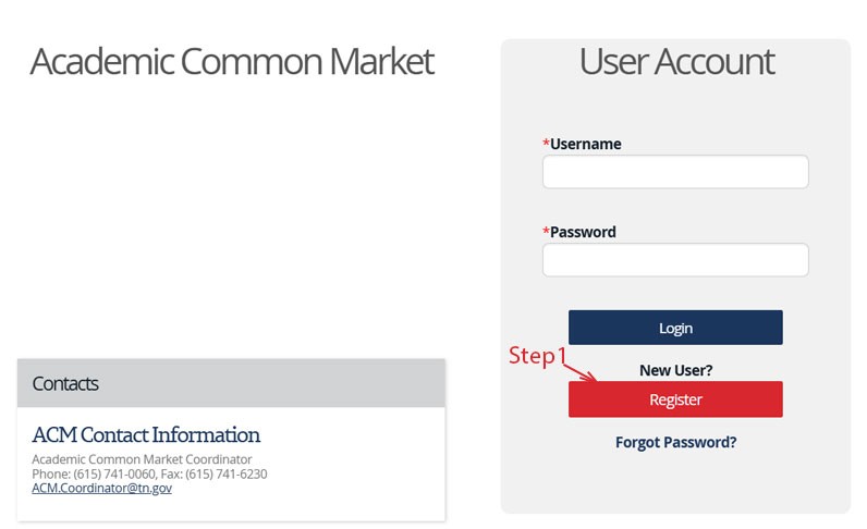 Screenshot of the Academic Common Market User Account Registration interface
