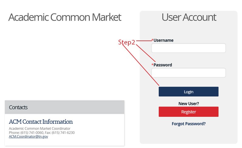 Screenshot of the Academic Common Market User Account Registration interface