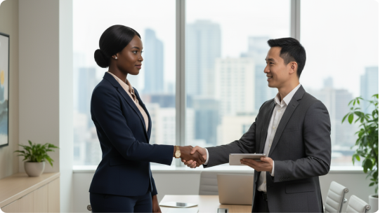 Photo of two people in business clothes shaking hands in an office