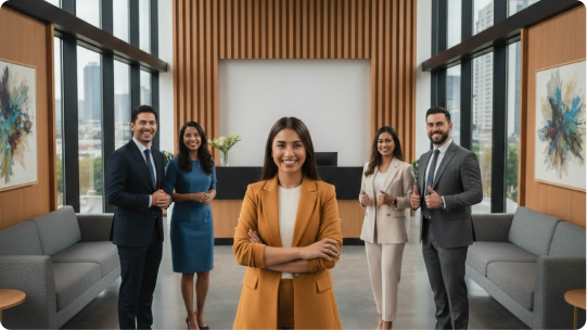 Photo of a smiling team of five people in business clothes in a modern office
