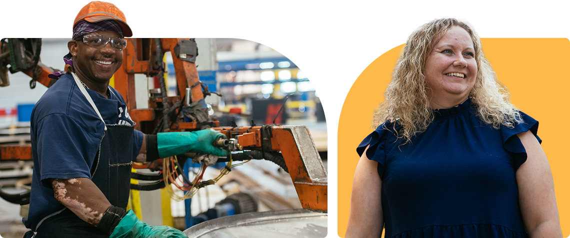 Photos of a smiling factory worker and a smiling woman