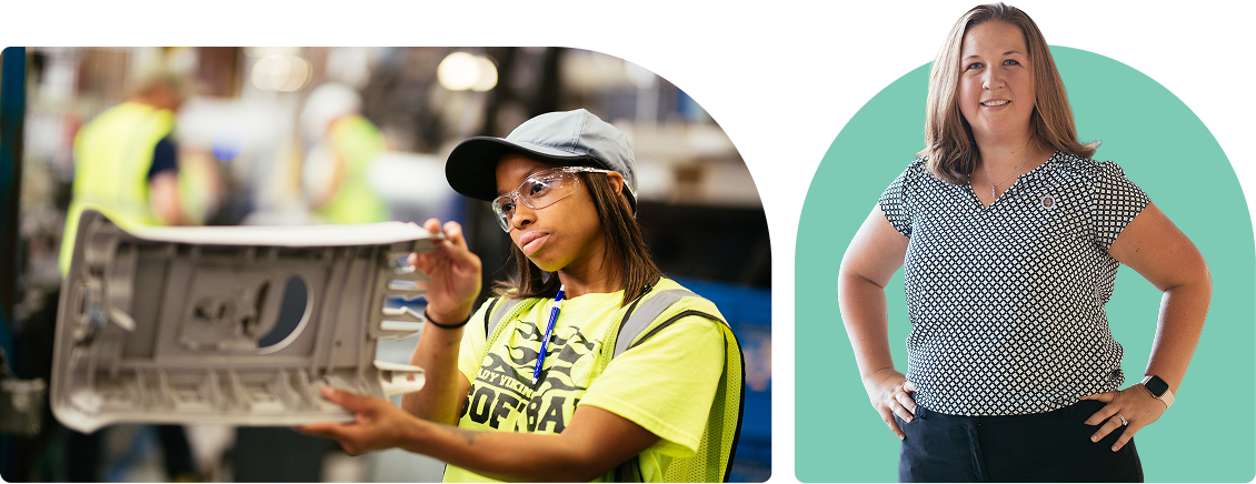 Career Pathways & Talent Pipeline Photos of a factory worker inspecting materials and a smiling woman