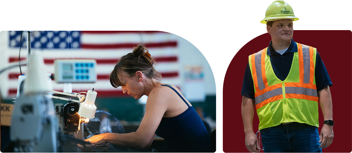 Hiring & Onboarding Photos of a woman sewing and a construction worker in a hardhat and reflective vest