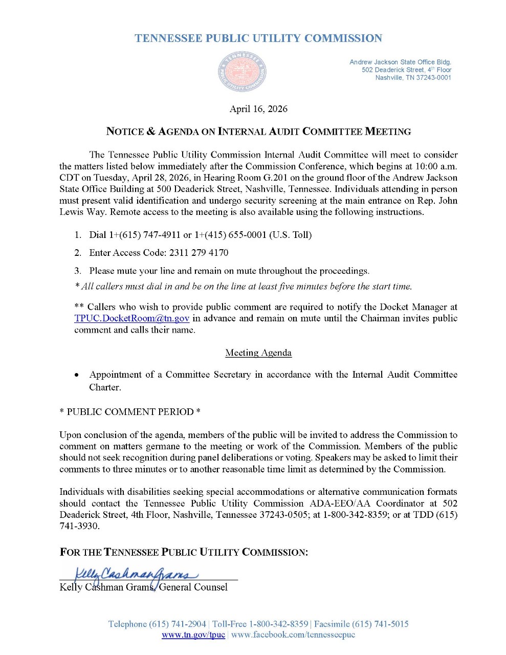 April 28, 2026 Notice and Agenda on Internal Audit Committee Meeting
