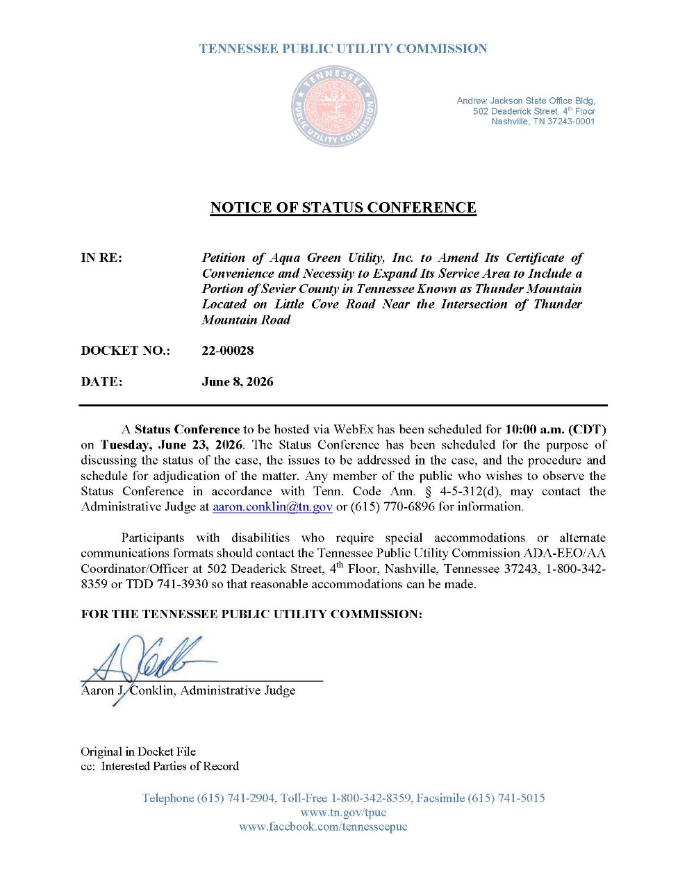 22-00028 Notice of Status Conference.2026.06.08