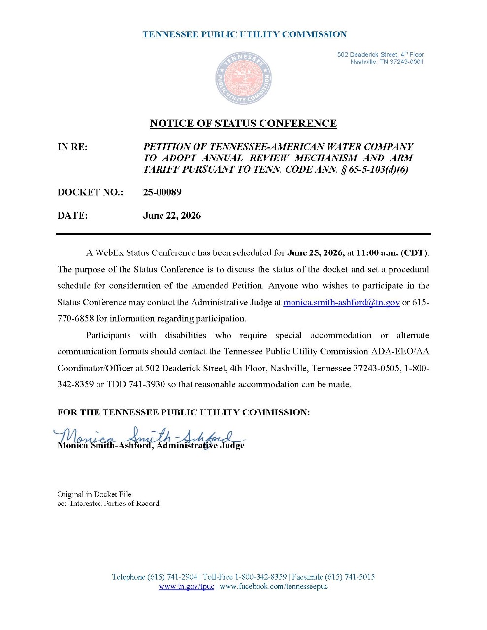 Image of of June 25, 2026 Notice of Status Conference in 25-00089. Select image for full Notice.