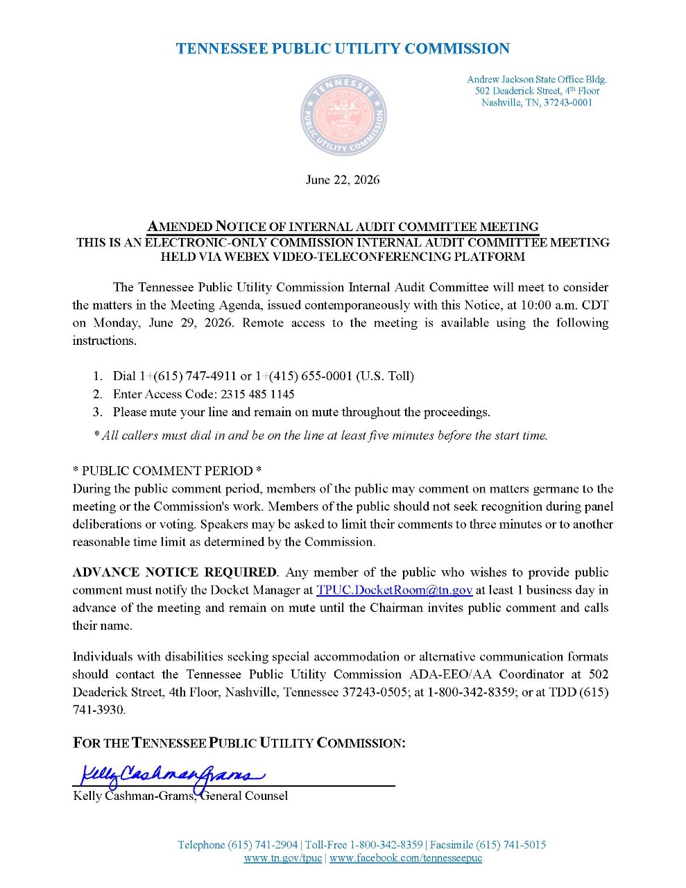Image of Notice and Agenda on Internal Audit Committee Meeting June 18, 2026. Select Image for full Agenda.