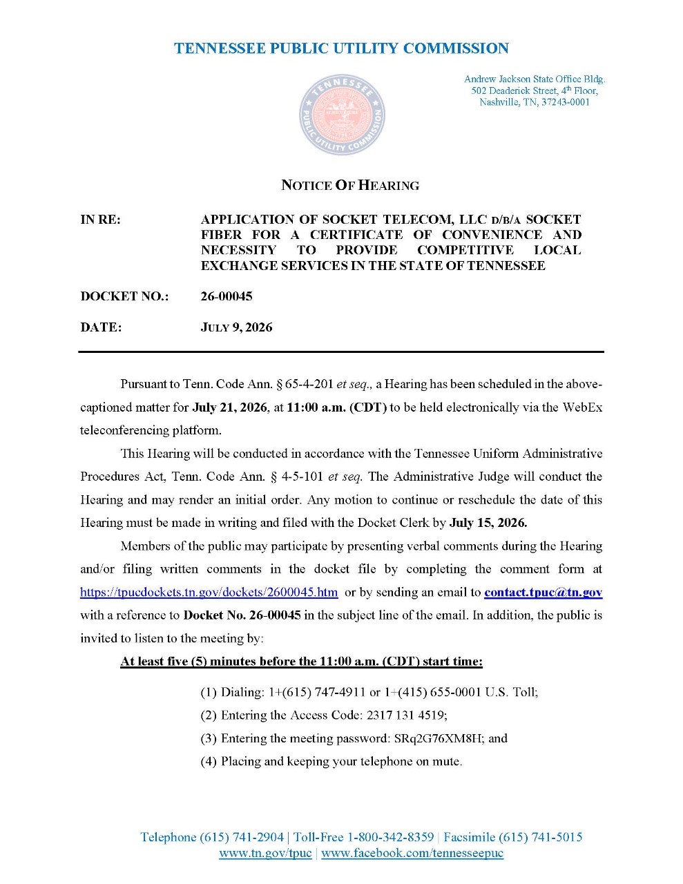 Socket CLEC Hearing Notice in 26-00045