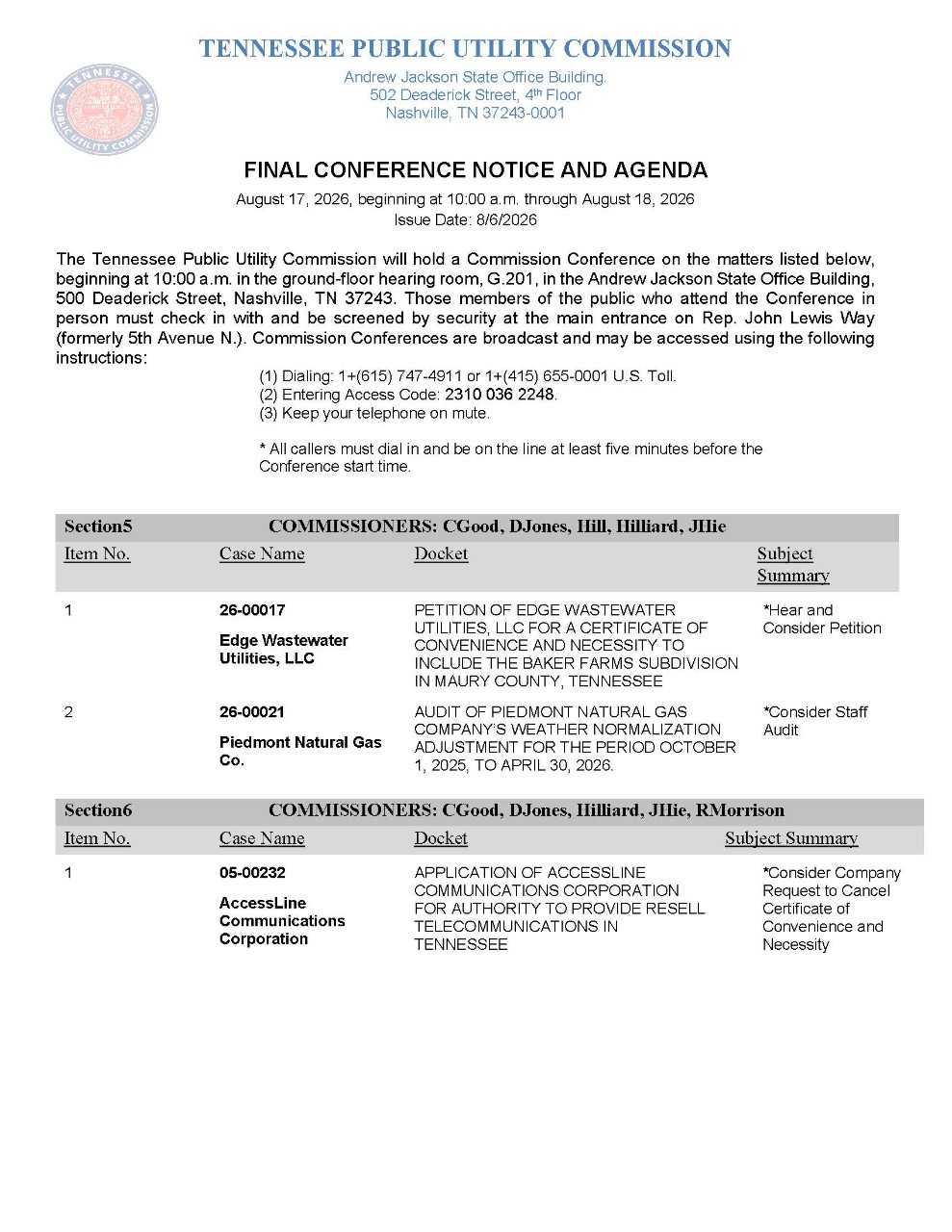 Image of August 17, 2026 Notice and Agenda for Commission Conference. Select image for pdf. of Notice.