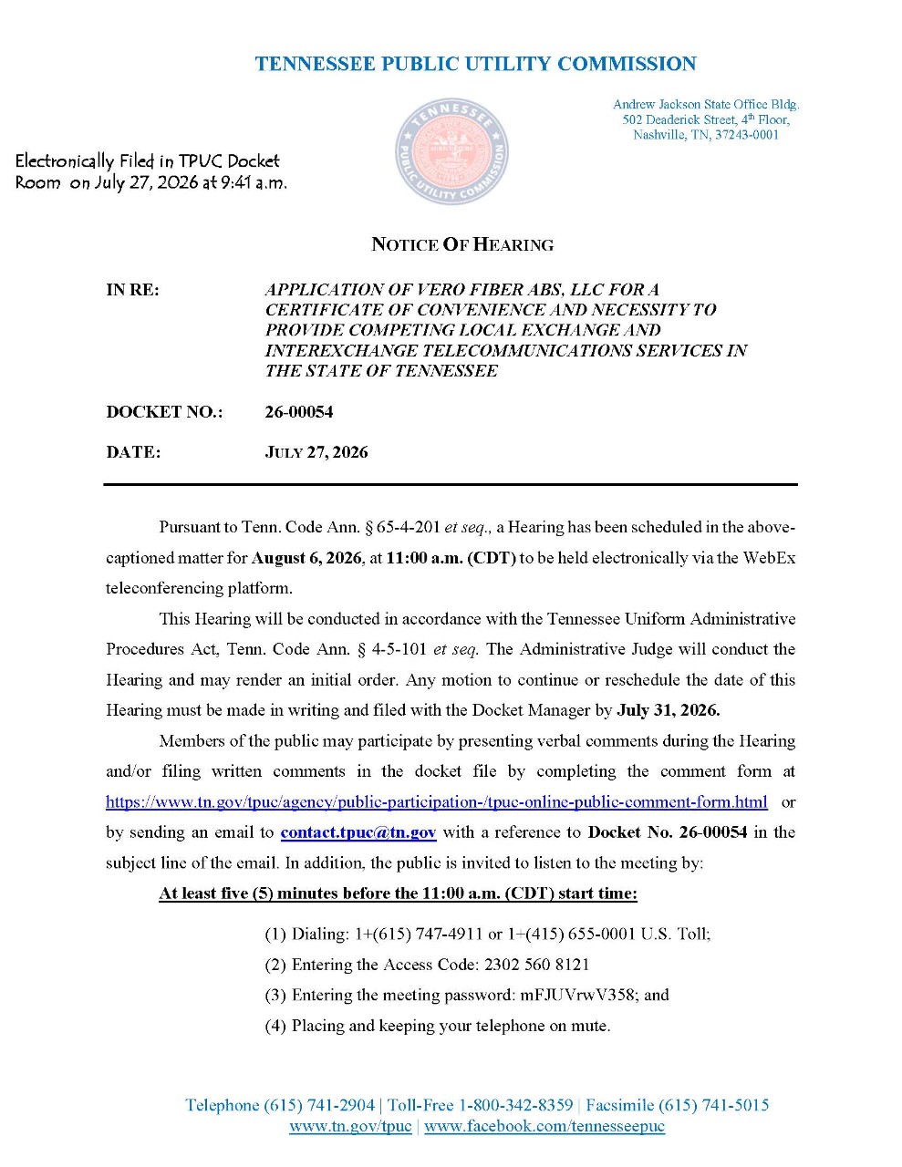 Image of Notice of Hearing in 26-00054. Select image for pdf. of Notice.