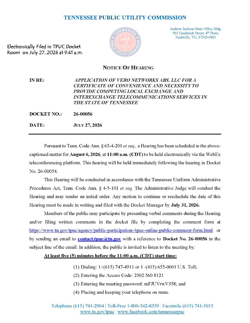 Image of Notice of Hearing in 26-00056. Select image for pdf. of Notice.