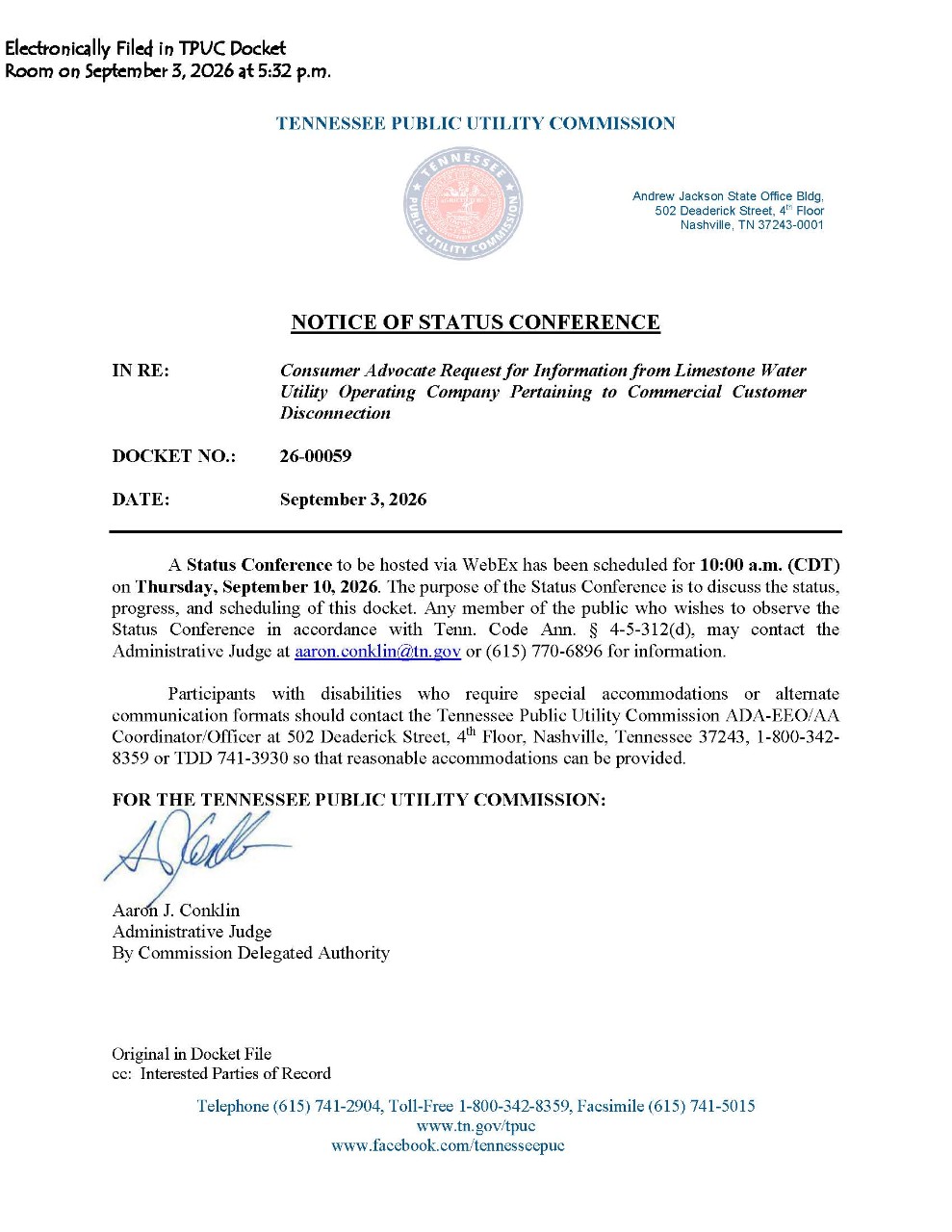 Image of September 10, 2026 Notice of Status Conference. Select image for pdf. of Notice.