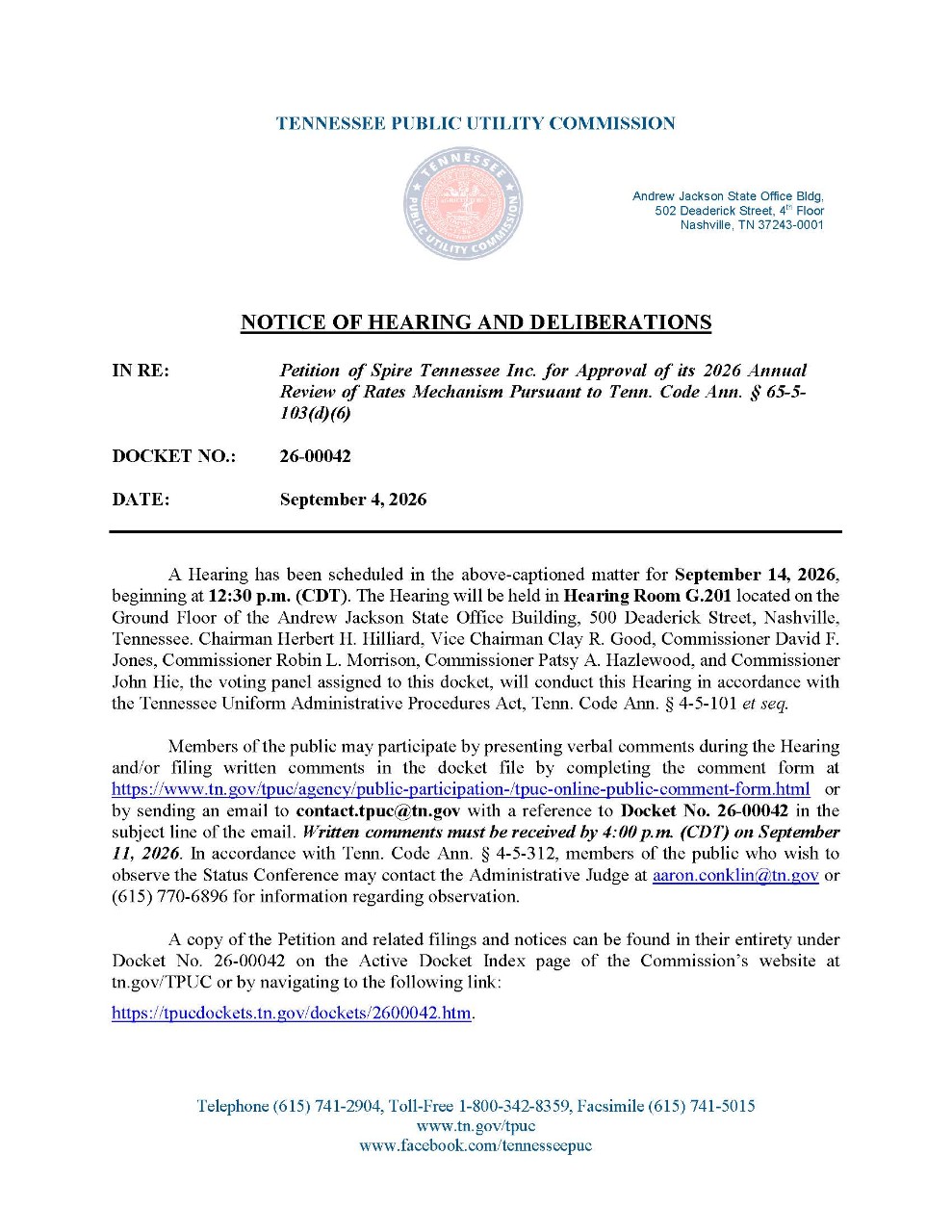 Image of September 14, 2026 Notice of Hearing in Docket 26-00042. Select image for pdf. of Notice.